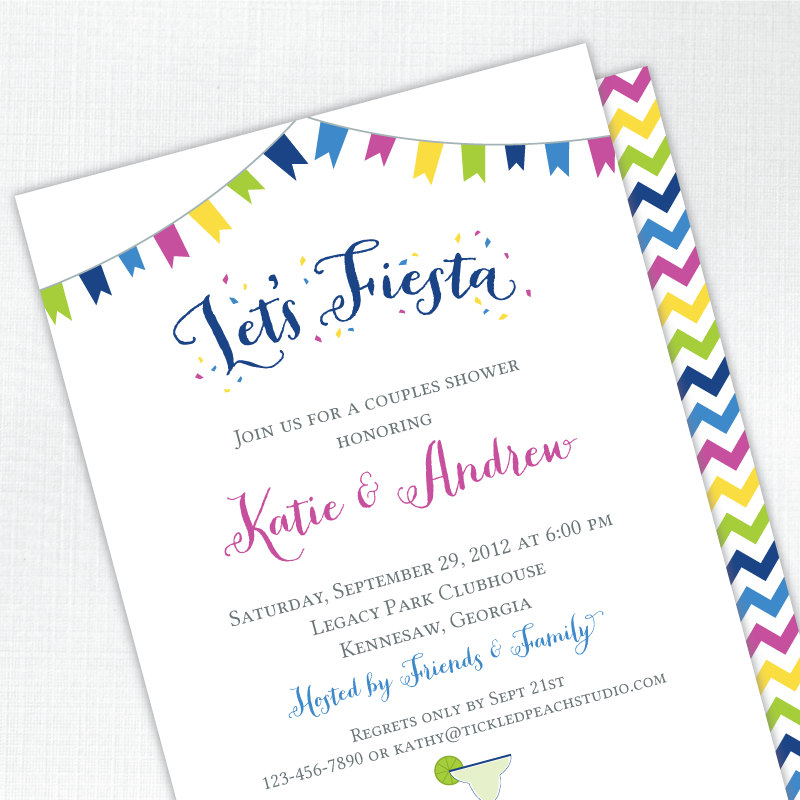 Let's Fiesta Couples Bridal Shower Invitation - blue, pink, green, yellow - PRINTED - Printable file also available Il_570xn
