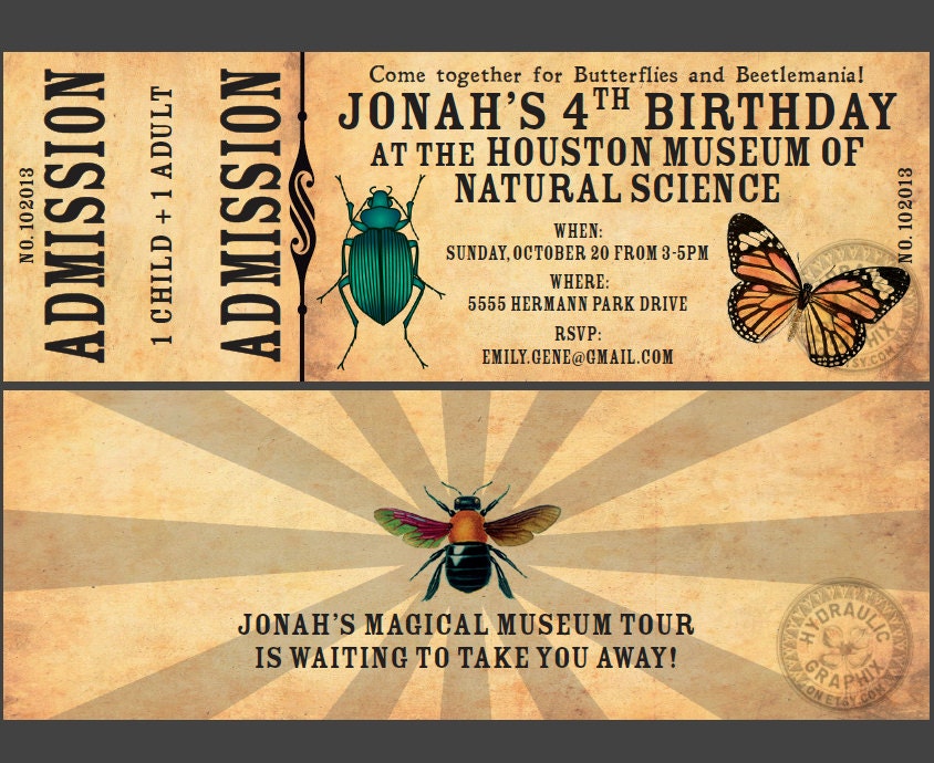 Science Museum Ticket Invitation for Birthday Party with beetles, bug and butterfly Il_570xn
