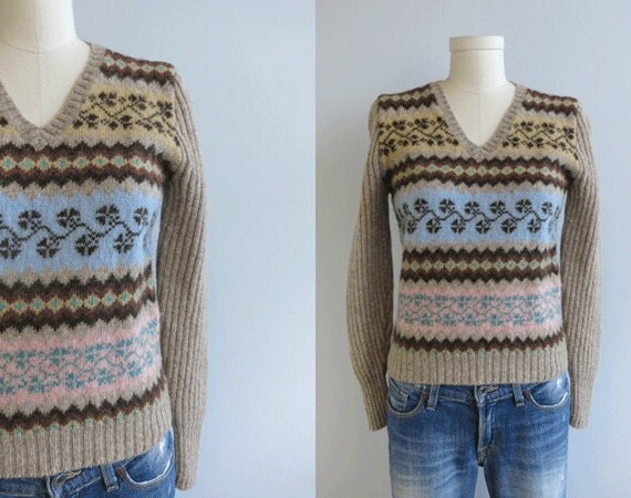Vintage Ralph Lauren Fair Isle Sweater / 1960s Hand Knit Sweater Heather Tan Neutral Blue Pink Brown