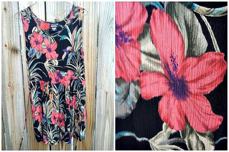 vintage sheer hawaiian sleeveless mini dress, button up skirt, tie back waist. size large.