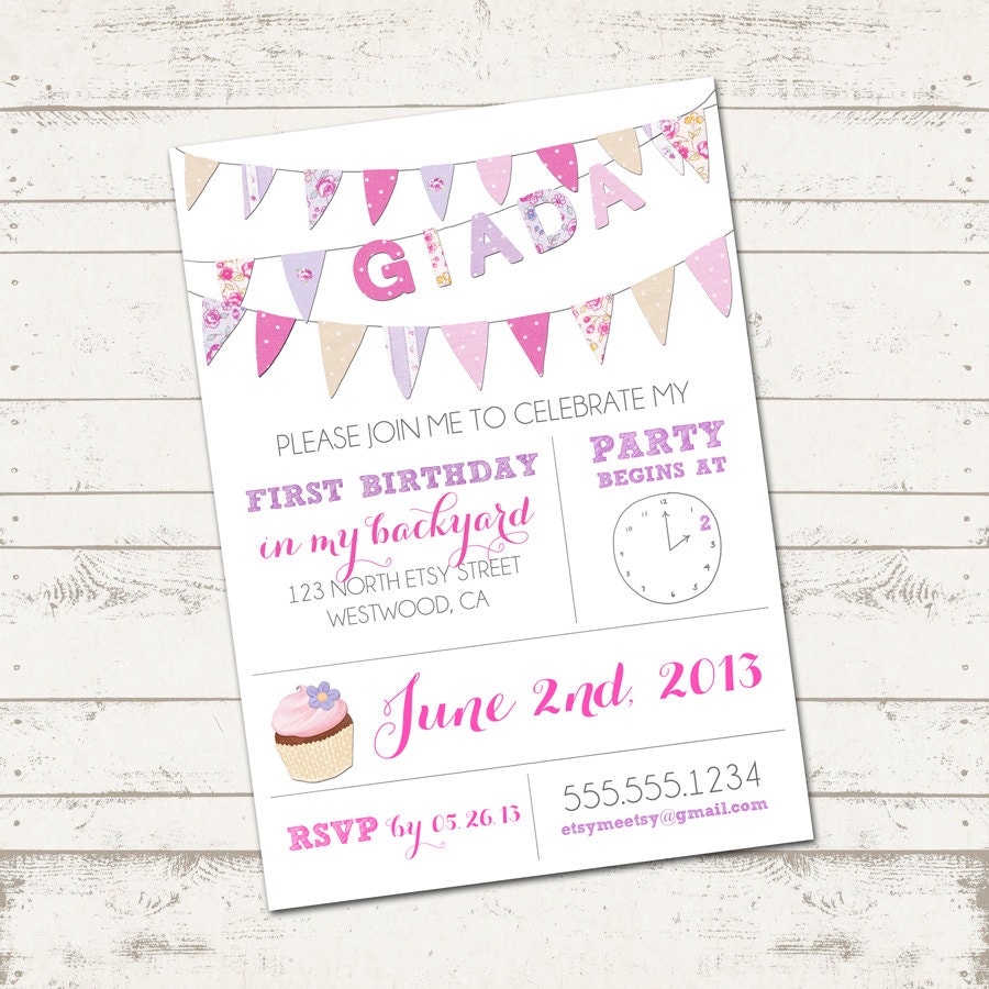 Girls Birthday Invitation - Colorful Fabric Bunting - Pretty, Floral, Cupcakes - Custom, Digital, Printable Designs Il_570xn