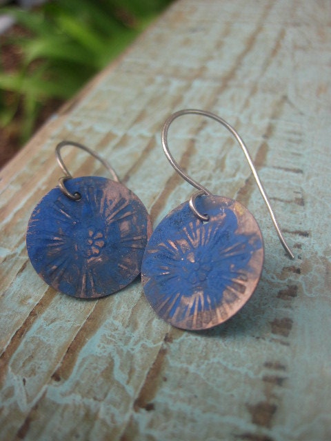 Bohemian Blue Earrings- Flower stamped boho earrings - CopperTreeArt