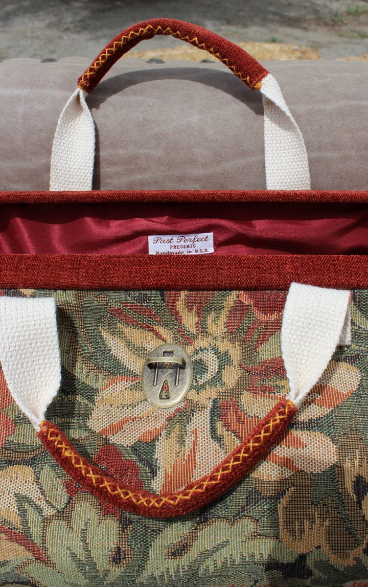 Floral Carpet Bag Or Mary Poppins Bag In Dusty Red Sage