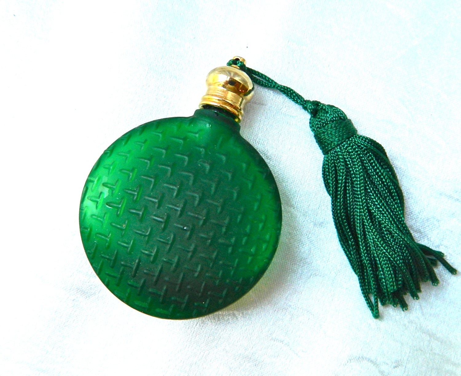 Vintage Perfume Bottle Round Emerald Green Textured Satin Glass Vanity Art Deco Travel Pursette with Tassel - Perfect - ODONA