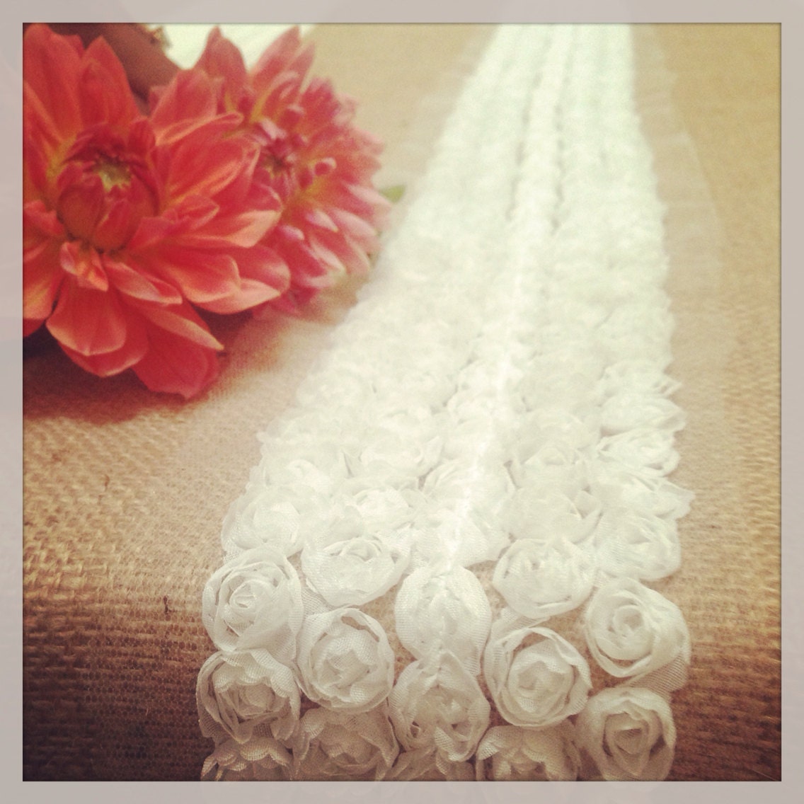 Tulle Rosettes Ivory or White trim on Rustic Natural Burlap Runners ...