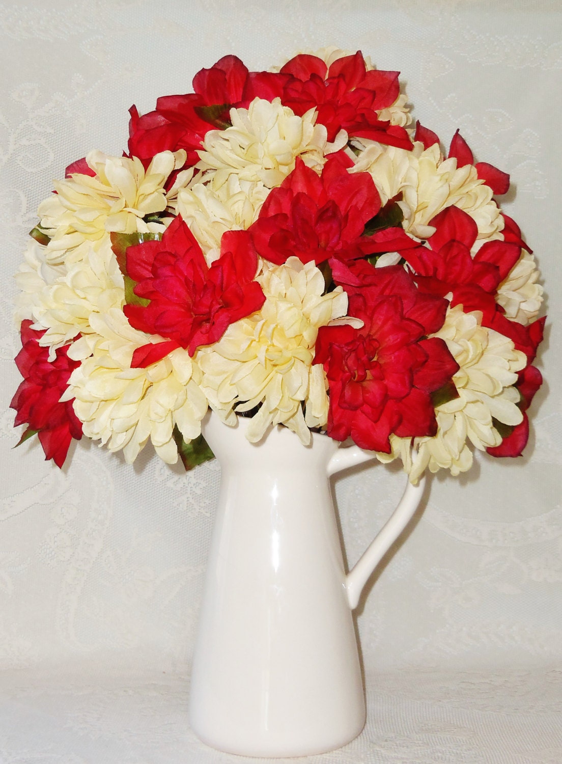 Artificial Flower Arrangement, Cream Mums, Pink/Red Dahlias, Cream Vase, Silk Flower Arrangement, Silk Floral Arrangement, Home Decor - BeautyEverlasting