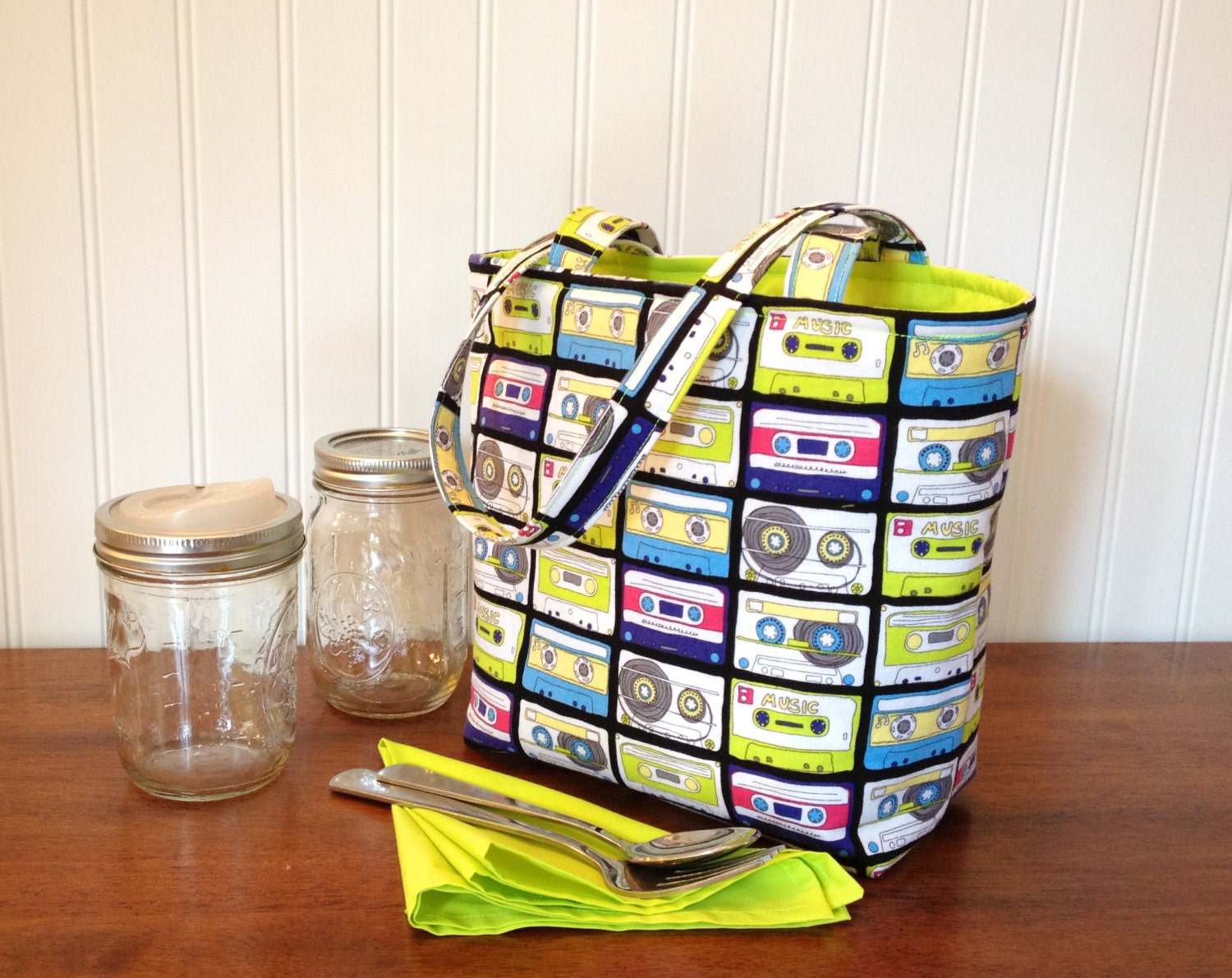 Pint 2-jar bag - Mix Tape designer fabric Jars to Go canning mason jar lunch tote bag carrier cozy