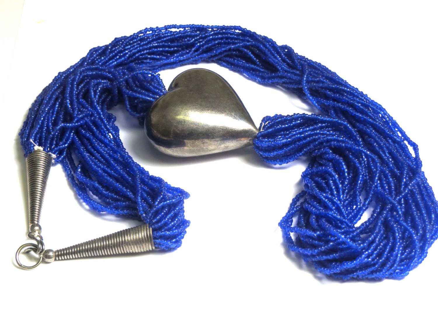 Multi Strand Blue Bead and Silver Heart Necklace - WatchandWares
