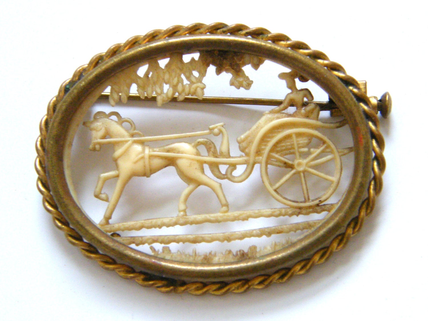 Vintage-French-Brass Metal/Celluloid-Victorian Style Pony & Trap/Carriage Picture Brooch-circa 1920's - Oldewurlde