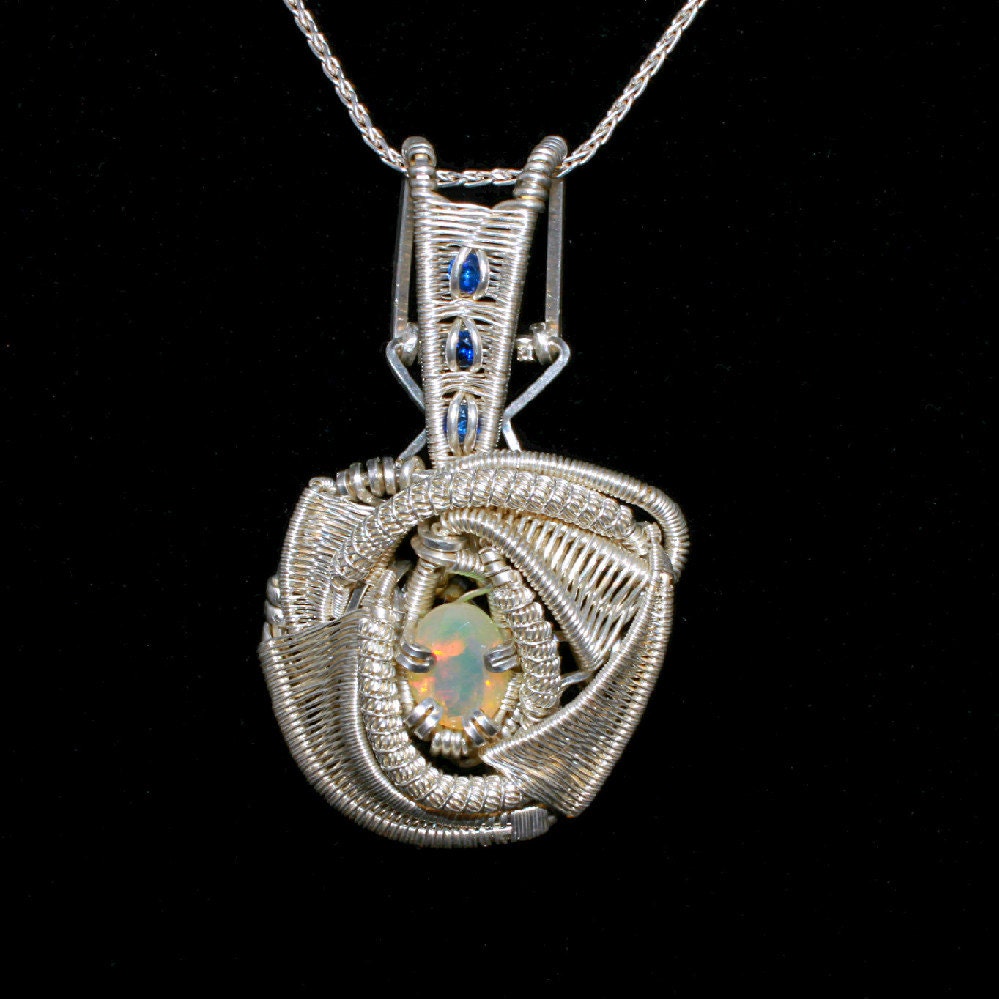 Opal Pendant, Sapphire Pendant, Wire Wrapped, Ethiopian Welo Opal, Sterling Silver Heady Wrap, Opal Jewelry Ethiopian Opal Necklace Gift Zen - sustainablygrateful