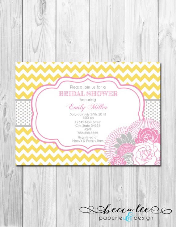 Bridal Shower Invitation Chevron Stripes & Floral - Pink, Yellow, Grey - DIY - Printable Il_570xn