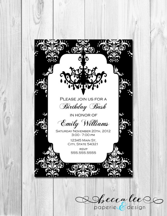 Birthday, Bachelorette, Bridal Shower Invitation - Black and White Damask with Chandelier - DIY - Printable Il_570xn