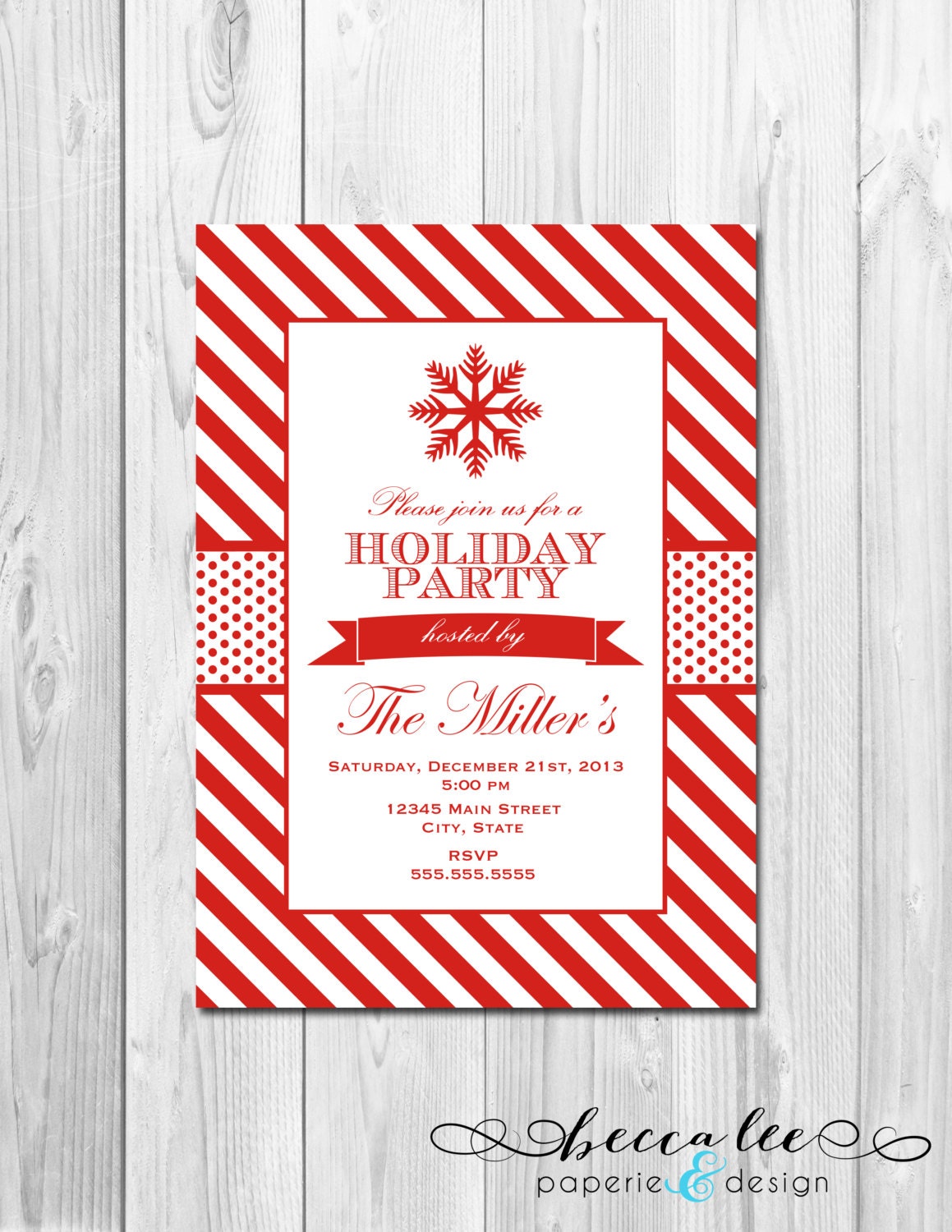 Holiday Party Invitation - Single Snowflake - Red and White Stripes - DIY - Printable Il_570xn
