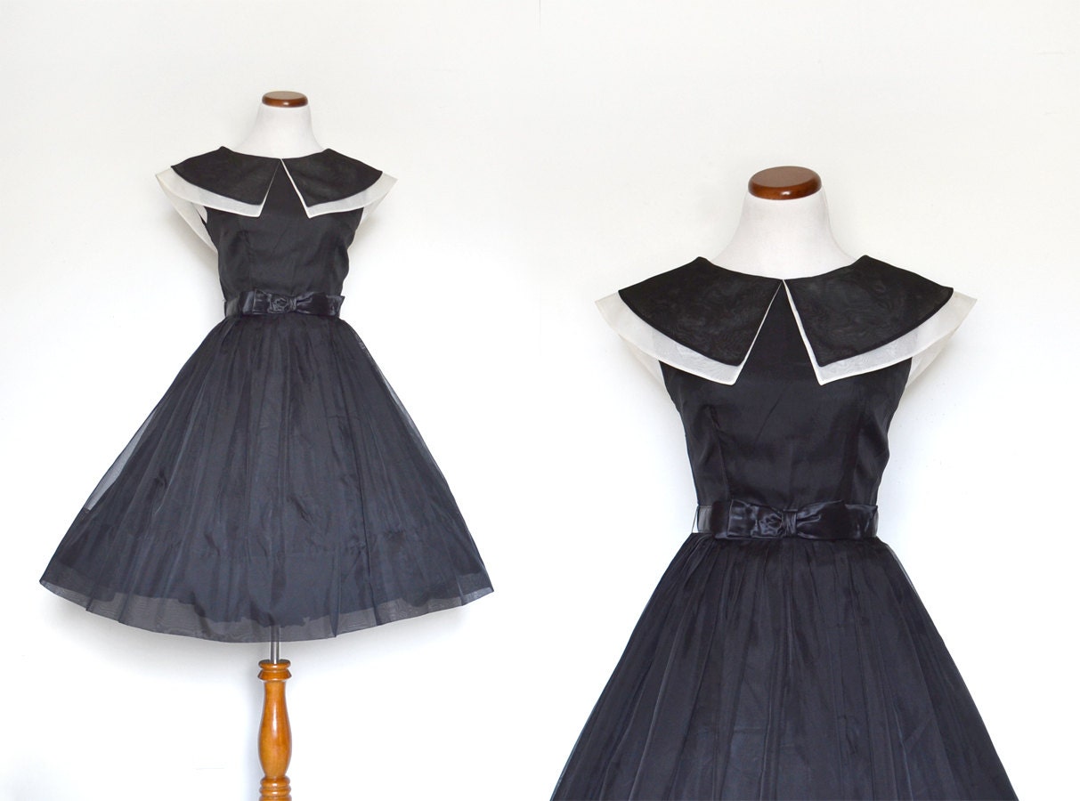 50s Party Dress / Black Dress / 1950s Dress / Small Dress / Bow Dress / Little Black Dress / Vintage Clothing / Women Dresses