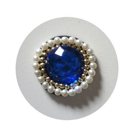Blue circle applique - faux sapphire blue, white and gold pearls - Handmade applique