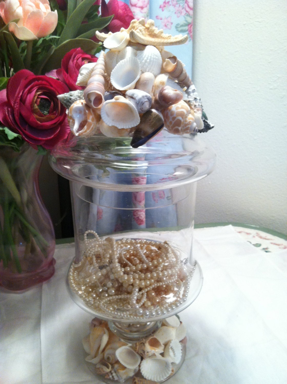 Mosaic seashell glass Jar With mosaic Lid by Roseantiqueboutique