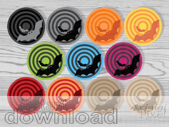 printable Halloween round tag with bats, party circle, 2,5 in, dia de los muertos, fall colors, instant download Il_570xn