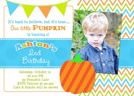 Blue Orange & Green Chevron Little Pumpkin Birthday Party Invitations - printable - any age Il_570xn