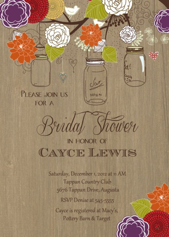 Rustic Fall Mason Jar Tree with Woodgrain Bridal Shower Invitation - Printable Il_570xn
