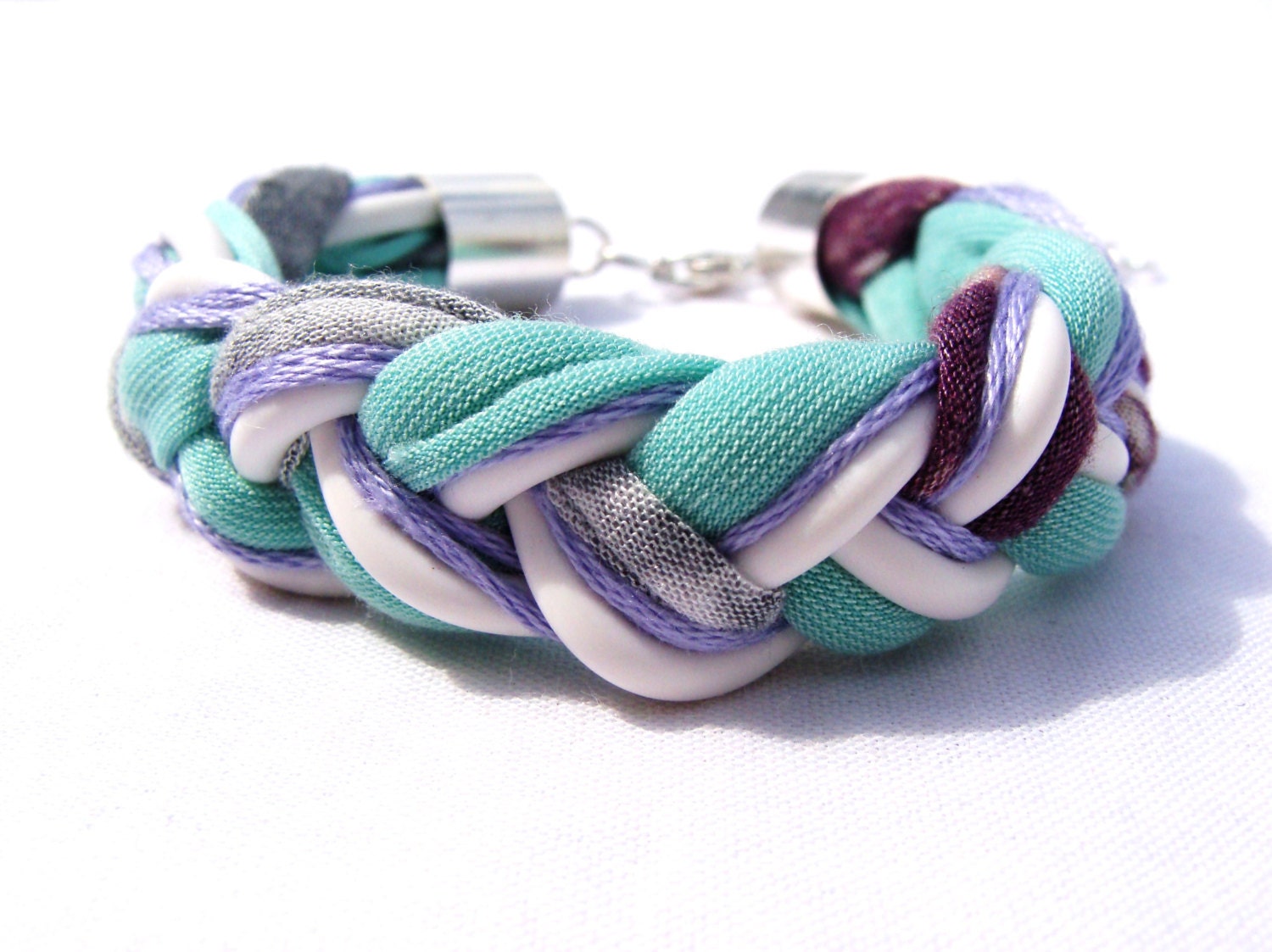 Cotton braided mint white grey and violet bracelet - Farfels