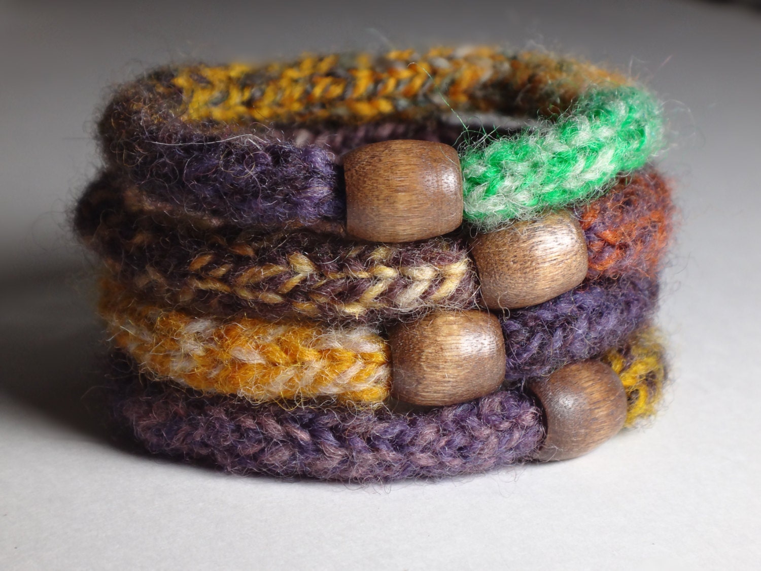 Hand Dyed~Hand Spun 100% Wool Fleted Knit Bracelets. Set of 4. - GreenBeltFarm