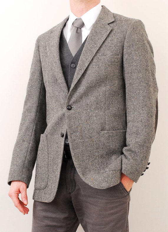 Vintage Mens Grey Herringbone Pattern Jacket by StyleEngineeringCo