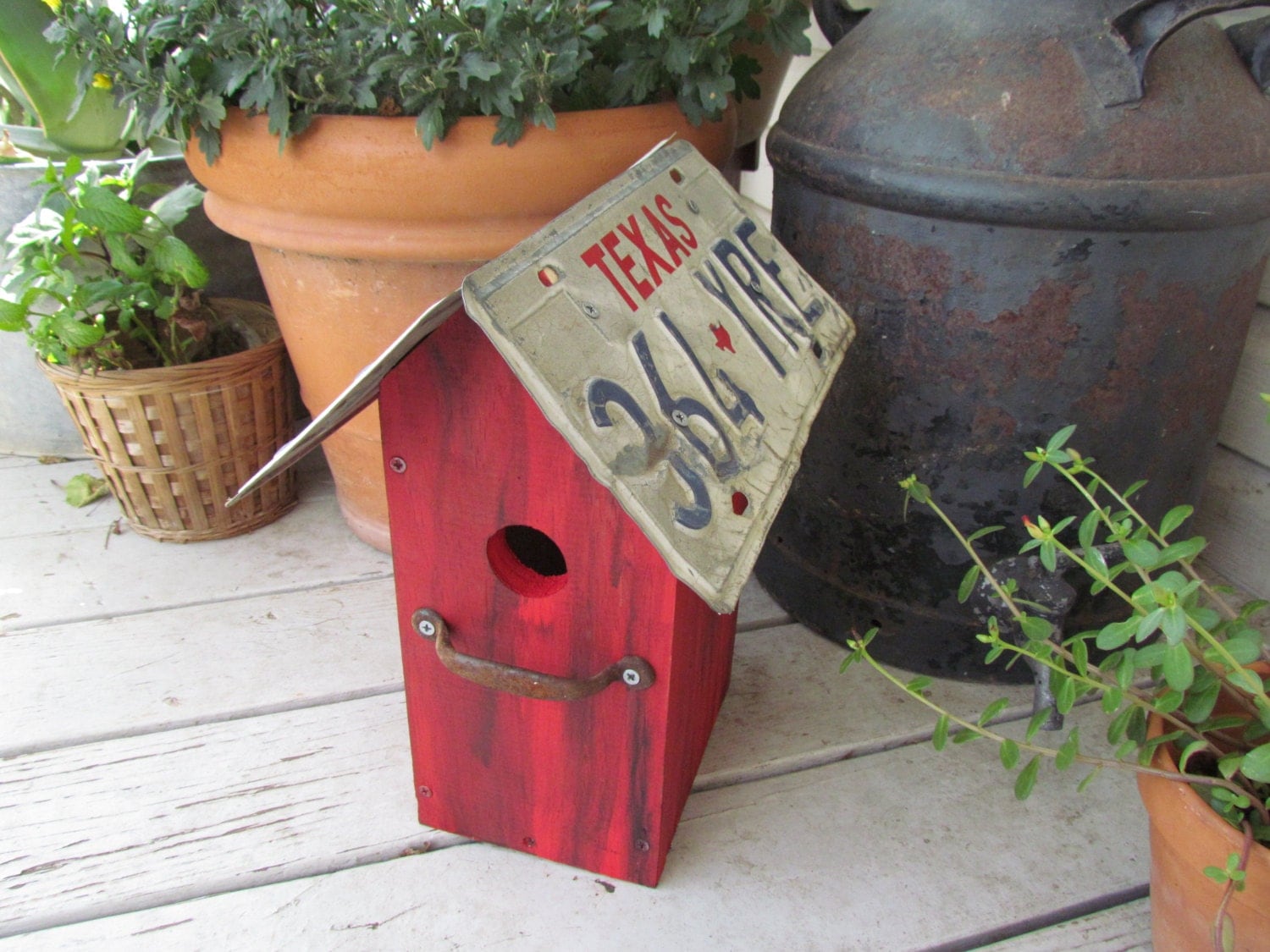 Bird house with Texas license plate roof by loftyupcycles on Etsy