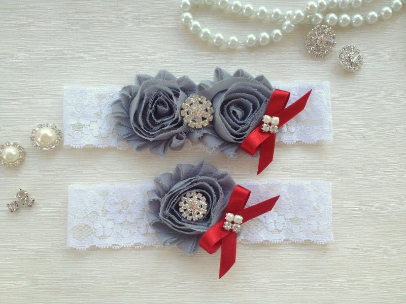 wedding garter , ivory bridal garter, ivory lace garter, grey chiffon flowers,crystal rhinestone and red bow