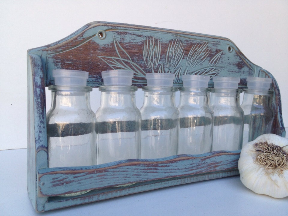 Rustic Blue Spice Rack With Jars - shabbyshores