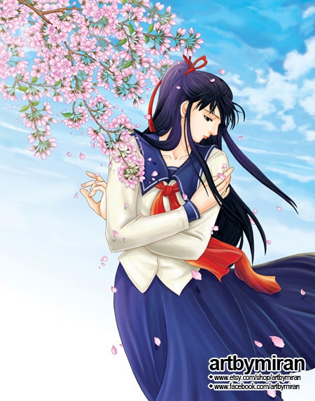 cherry blossoms and girl illustration, blue sky art print, Anime, Manga 11 x 14, poster, art deco, wall deco
