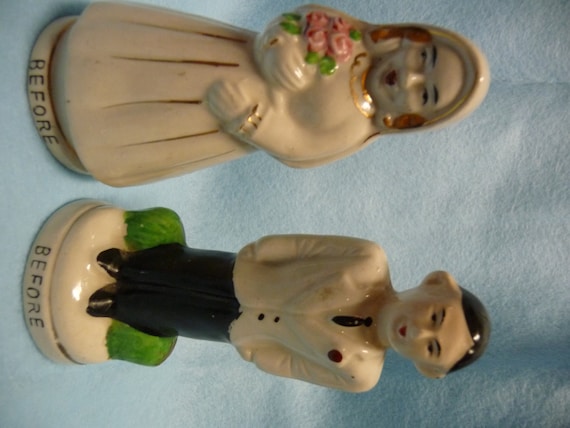 Vintage Retro Bride Groom Salt n Pepper Shakers Wedding Gift Funny Rockabilly Cake Topper