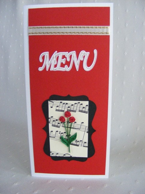 Romantic Wedding or Event Menu - quilled roses, ribbon and music notes - RollingIdeas