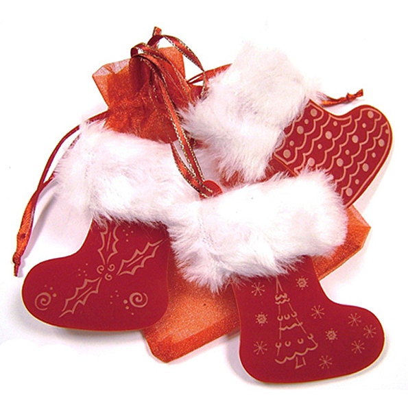 Fur trimmed Red Santa stockings - Hanging Christmas Tree Decorations - set of three laser cut and engraved, made in England.