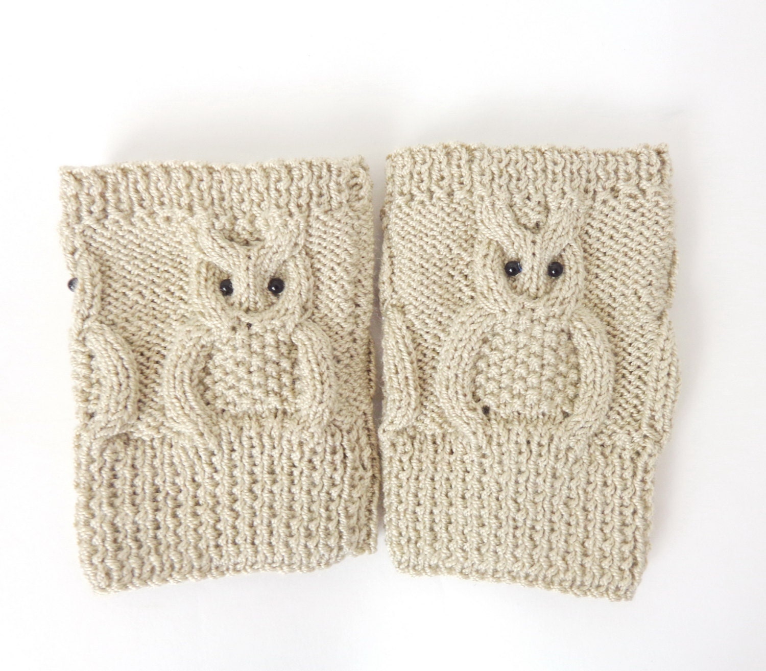 Knitted Boot Cuffs OWL  Boot Socks Boot Topper Leg in Beige - KernelCrafts