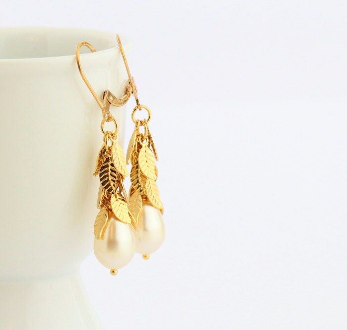 Gold Pearl Earrings, Ornate Leaf Earrings, Bridal Jewelry, Wedding Earrings, Ivory Pearl Earrings, Gold Filled - JacarandaDesigns