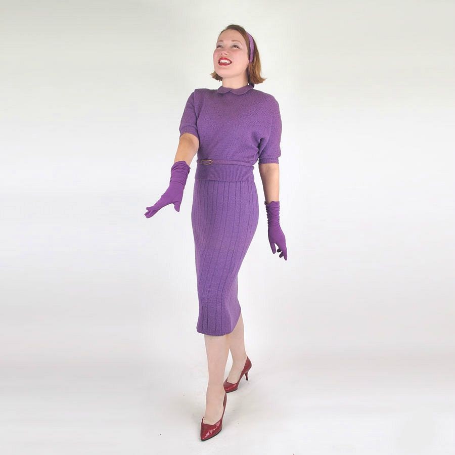 50s Purple BouclÃ© Wool Sweater Suit with Belt by Rosanna L - denisebrain