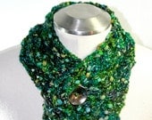 Hand Crochet Scarf, Emerald Green Scarf, Womens cowl, Trendy Womens Scarf in Emerald and Kelly green - thejumbledbag