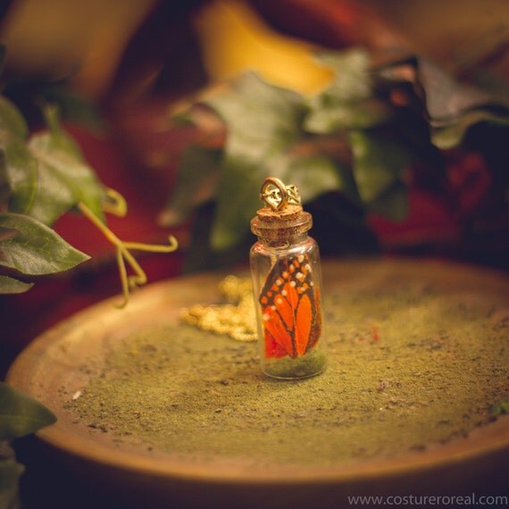 Monarch butterfly pendant terrarium bottle vial by CostureroReal