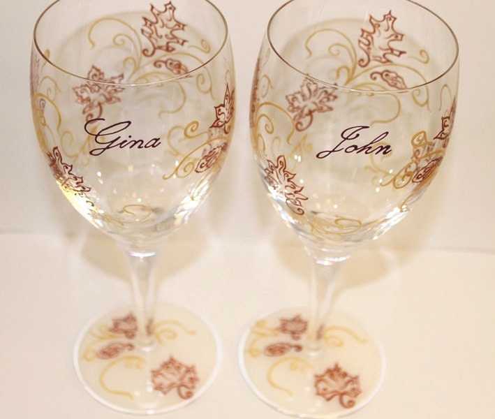 Fall/Autumn Painted Wine Glass, Leaves, Filigree, Thanksgiving Set of 2 - Hand-painted & Personalized - FlutterbyGlass