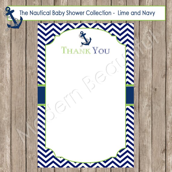 Thank You Note Card - Nautical Navy and Lime Green Chevron Baby Shower Printable 4x6 Thank You Note Cards- Nautical2 INSTANT DOWNLOAD Il_570xn