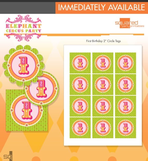 Pink Elephant Circus 1st Birthday Party Circles - Party Logos Hot Pink - DIY Print - Vintage Carnival First Birthday - Instant Download Il_570xn