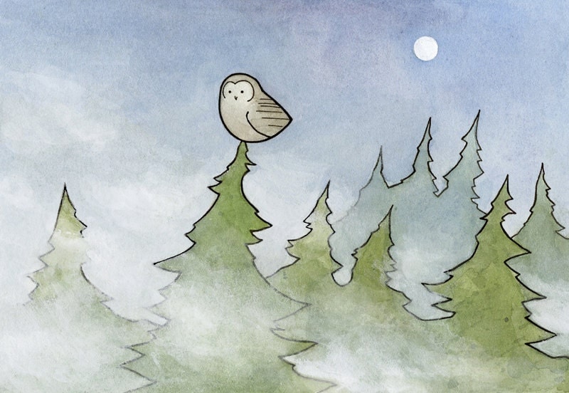 Owl in Fog and Pines illustration print 5x7