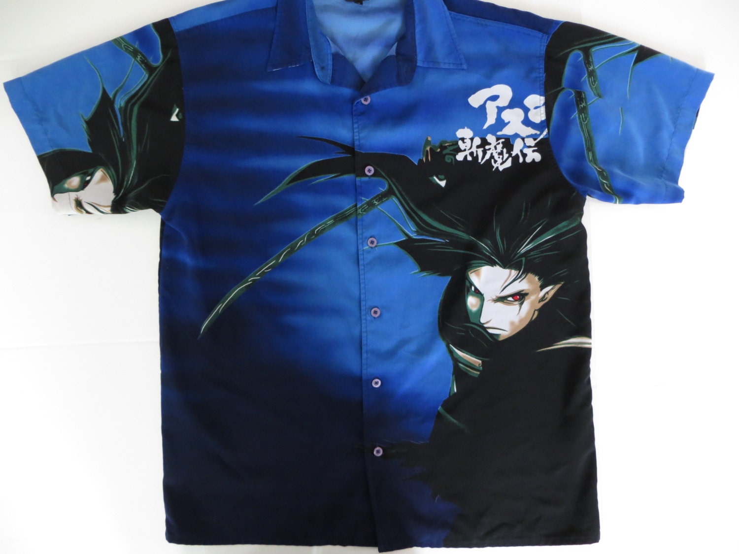 Vintage 90s Polyester Anime Button Up Shirt. by TomCatBazaar