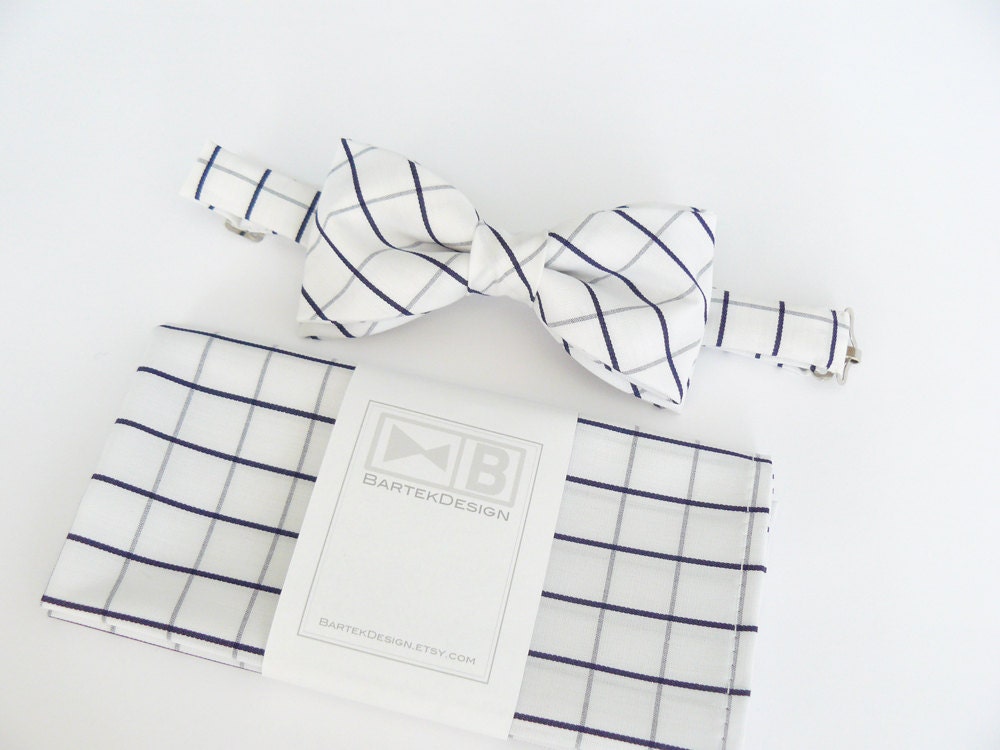 Chic Wedding Set for Men Bow Tie & Pocket Handkerchief by BartekDesign: white navy blue cotton chic grooms nautical - BartekDesign