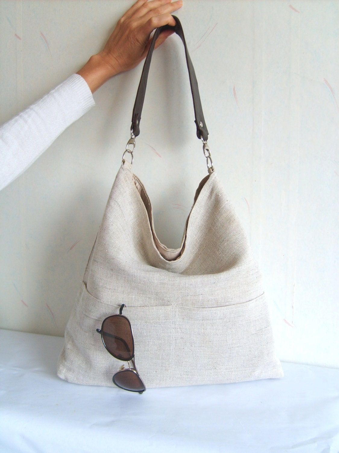 Linen tote bag Hobo tote bag light grey bag with by allbyFEDI