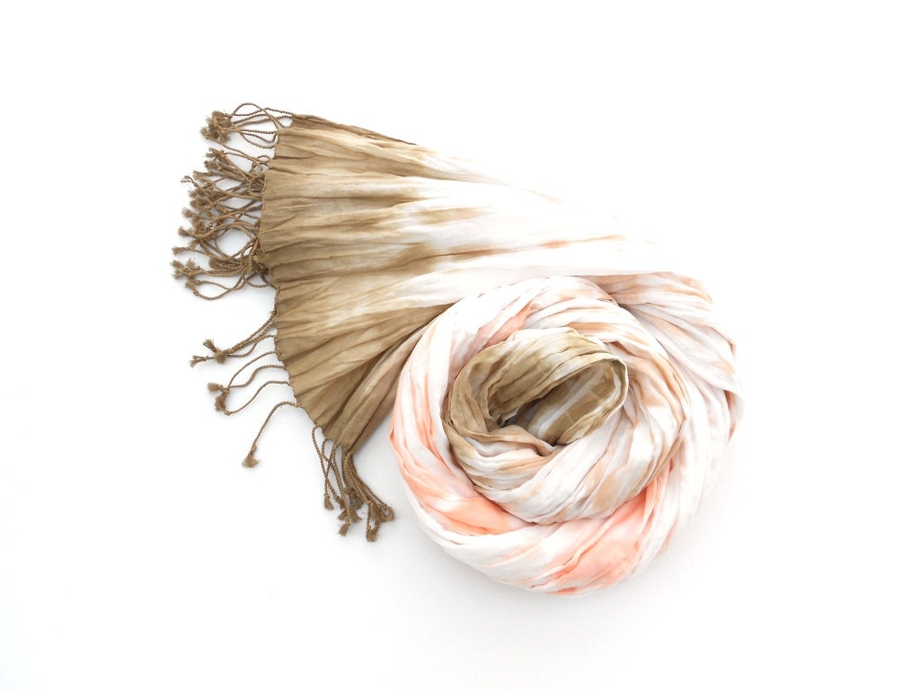 Coral and Brown Cotton Crinkle Scarf hand dyed Fall colors - Schalrausch