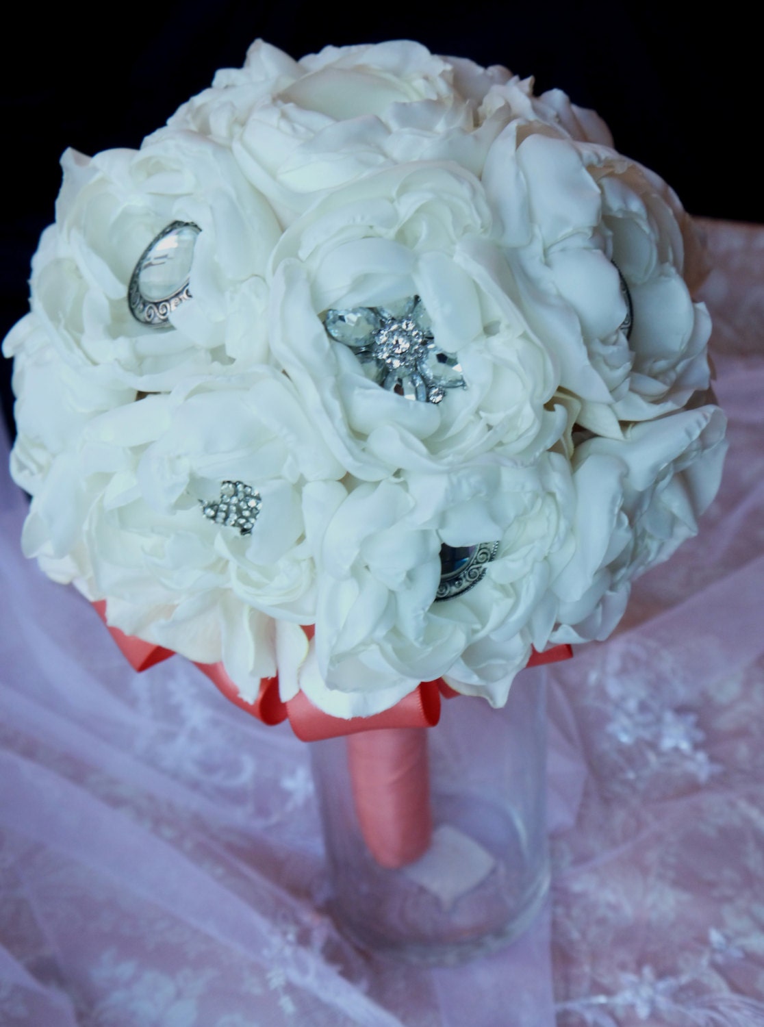 READY TO SHIP - Ivory Handmade Fabric Flower Peony Bouquet with Coral Ribbon