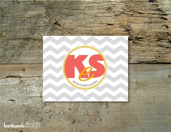 Personalized Printable MODERN MONOGRAM Notecards Stripes or Chevron 4.25x5.5" Il_570xn