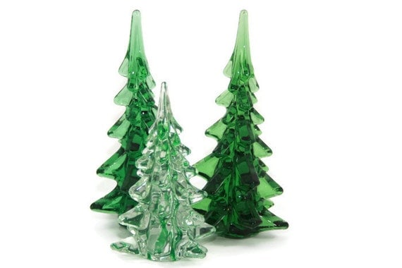 Art Glass Christmas Trees Green And Clear Glass By Tenpennygray 9418