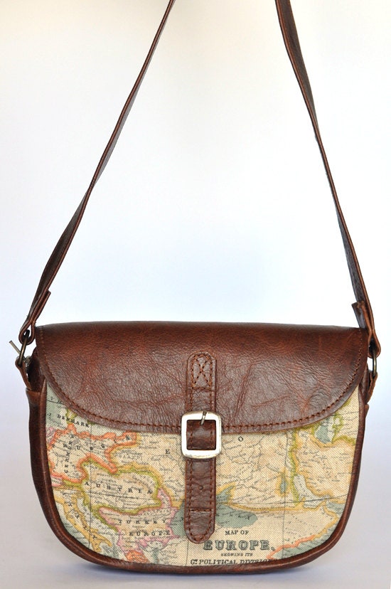 Genuine Leather and World Map Atlas Print Bag - DoubleEdge